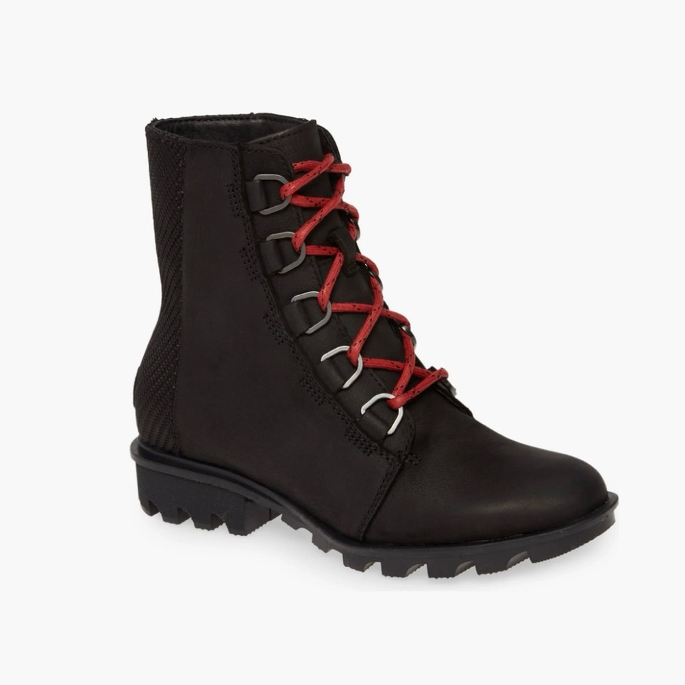 Sorel Black Moto Boots with Bold Red Laces